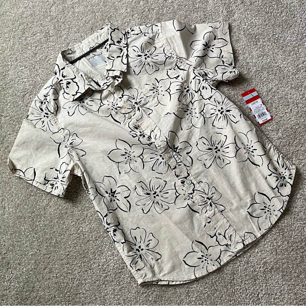 Cat & Jack Boys Cream and Black Floral Short Sleeve Shirt Large 10/12 NWT